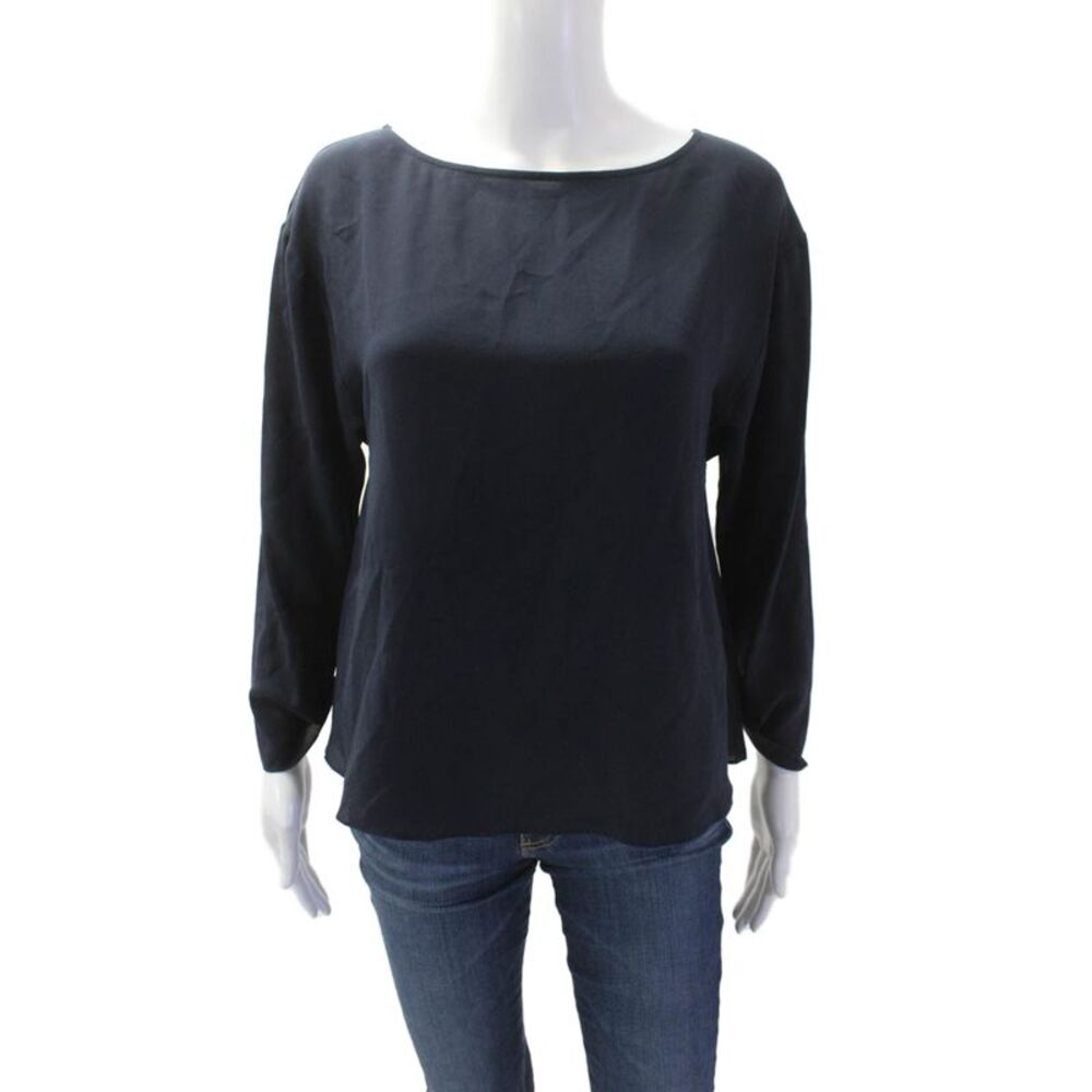 Bailey 44 Women Silk Long Sleeve Round Neck Blouse Dark Blue Size S